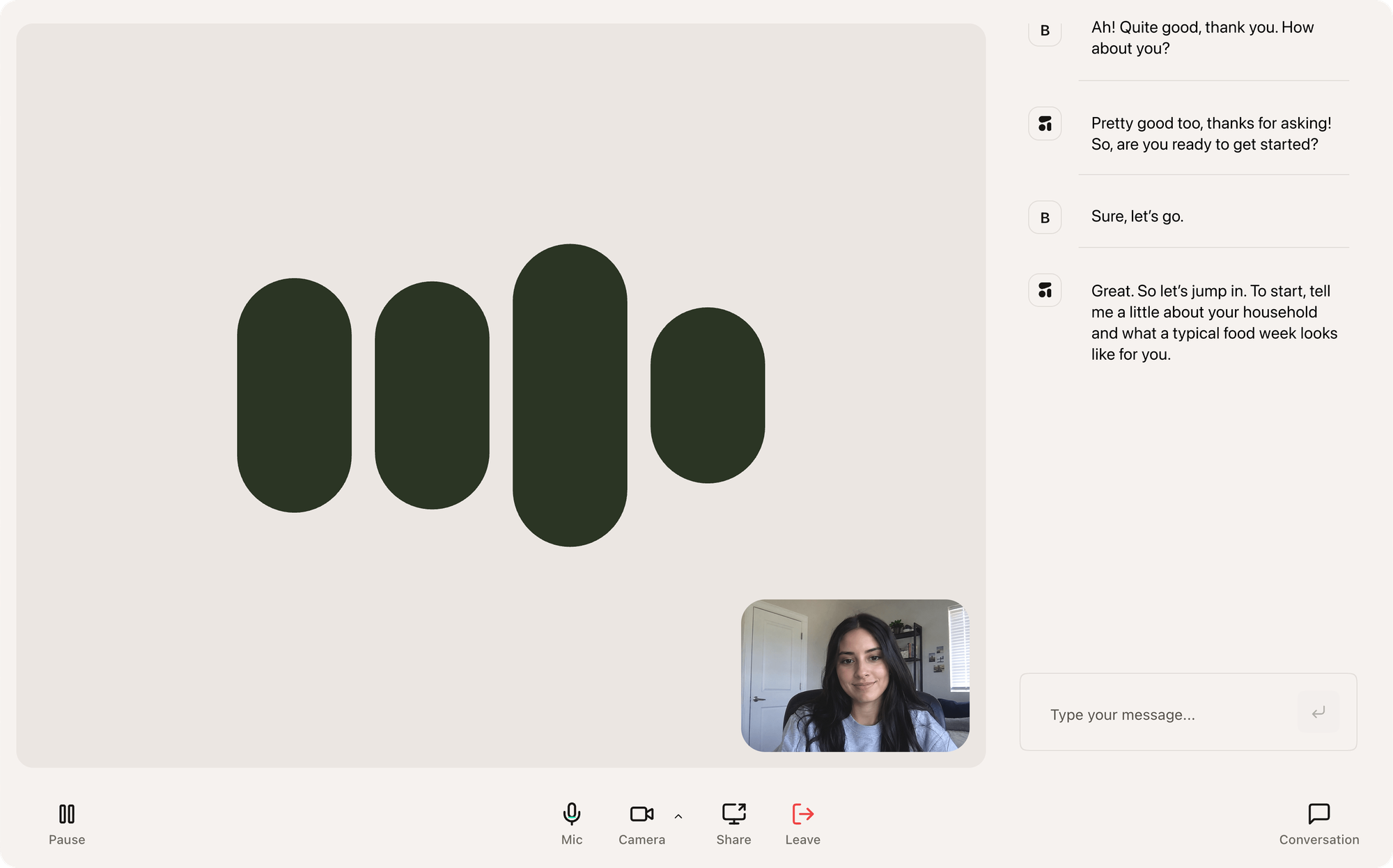 Voice-Interview mit Live-Transkript und Teilnehmenden vor der Kamera